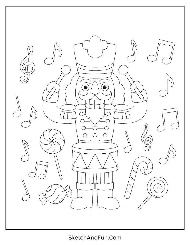 Drummer Nutcracker with musical notes from nutcracker coloring pages for preschool.