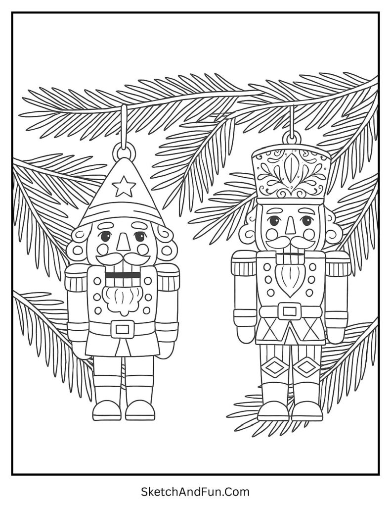 Hanging Nutcracker ornaments from nutcracker coloring sheet for toddlers set.