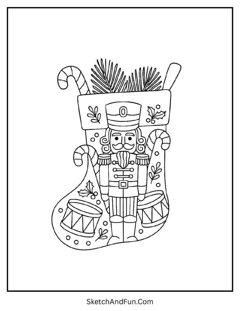 Nutcracker Stocking – cute Christmas stocking coloring pages with nutcracker soldier and drums.