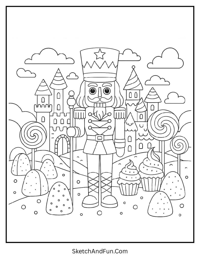Candy-filled scene from nutcracker coloring sheet black and white collection.