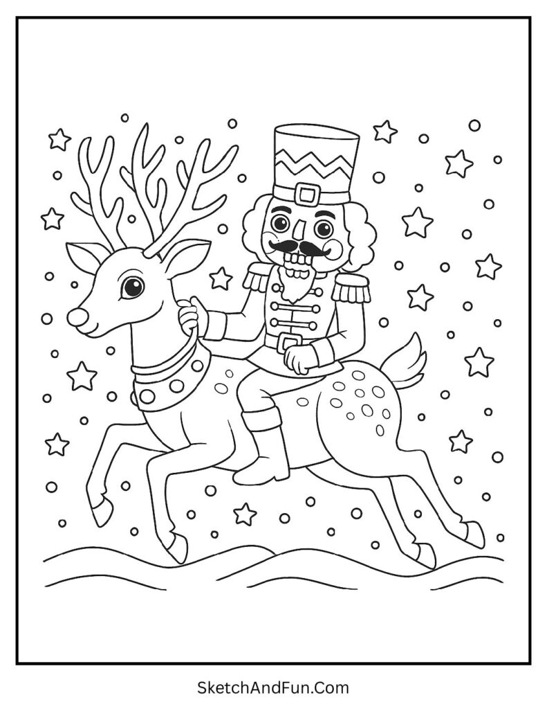 Nutcracker riding reindeer from the nutcracker coloring pages and activity sheets.