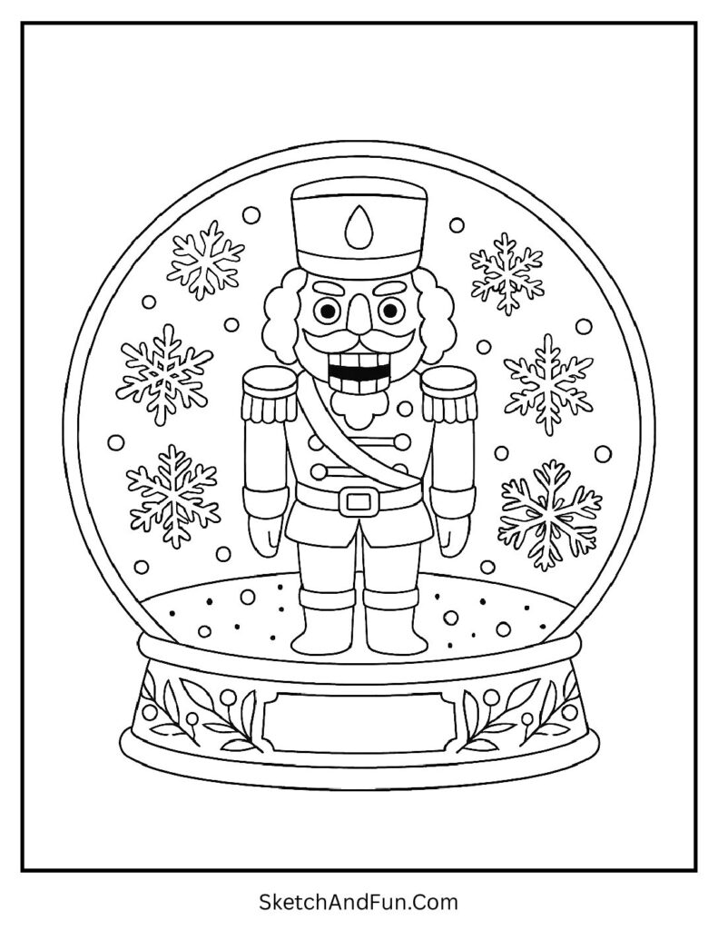 Nutcracker inside snow globe from nutcracker coloring sheet free printable pack.