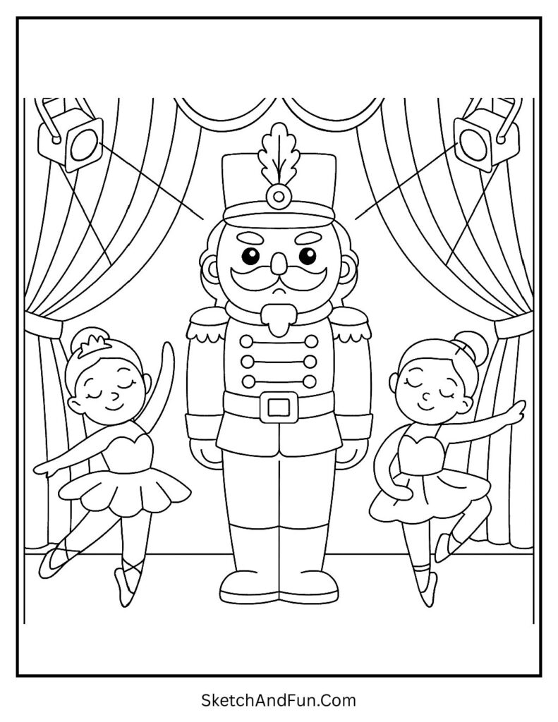 Nutcracker on stage with dancers from nutcracker coloring pages to print set.