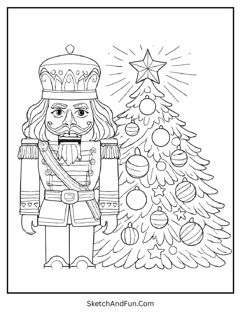Festive Nutcracker beside glowing tree from nutcracker coloring pages for adults.