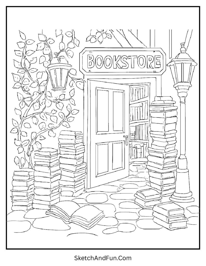 Peaceful old bookstore with ivy wall for bookstore storefront coloring page.