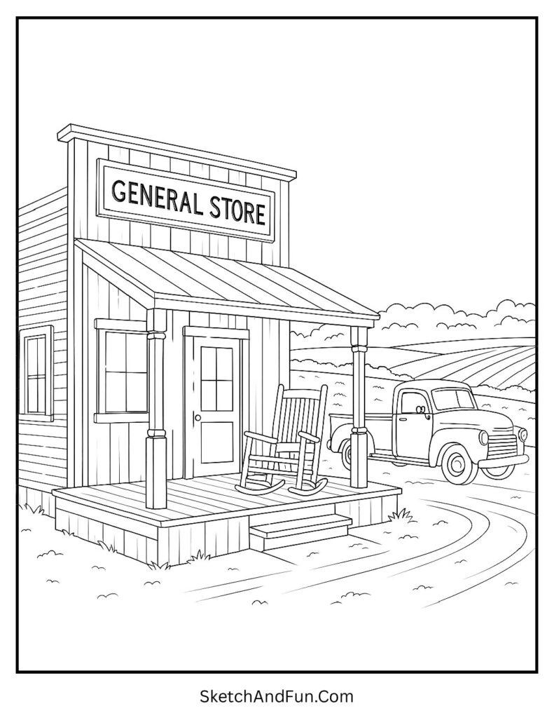 Old country general store coloring page with wooden porch and vintage pickup