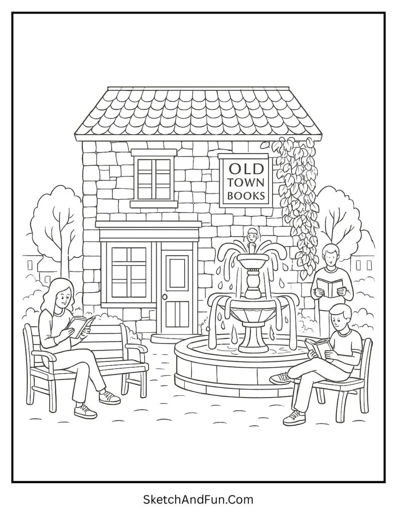 Old town bookstore coloring page with fountain, benches, and readers