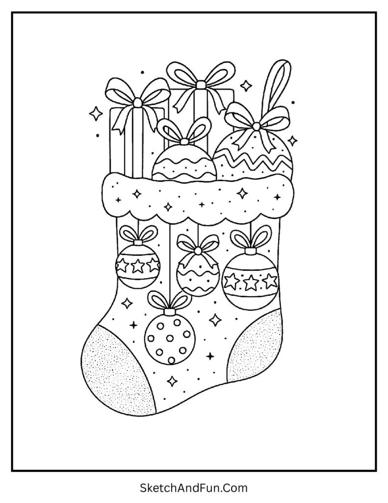 Ornament Stocking – Christmas stocking coloring page outline with shiny ornaments and ribbons.
