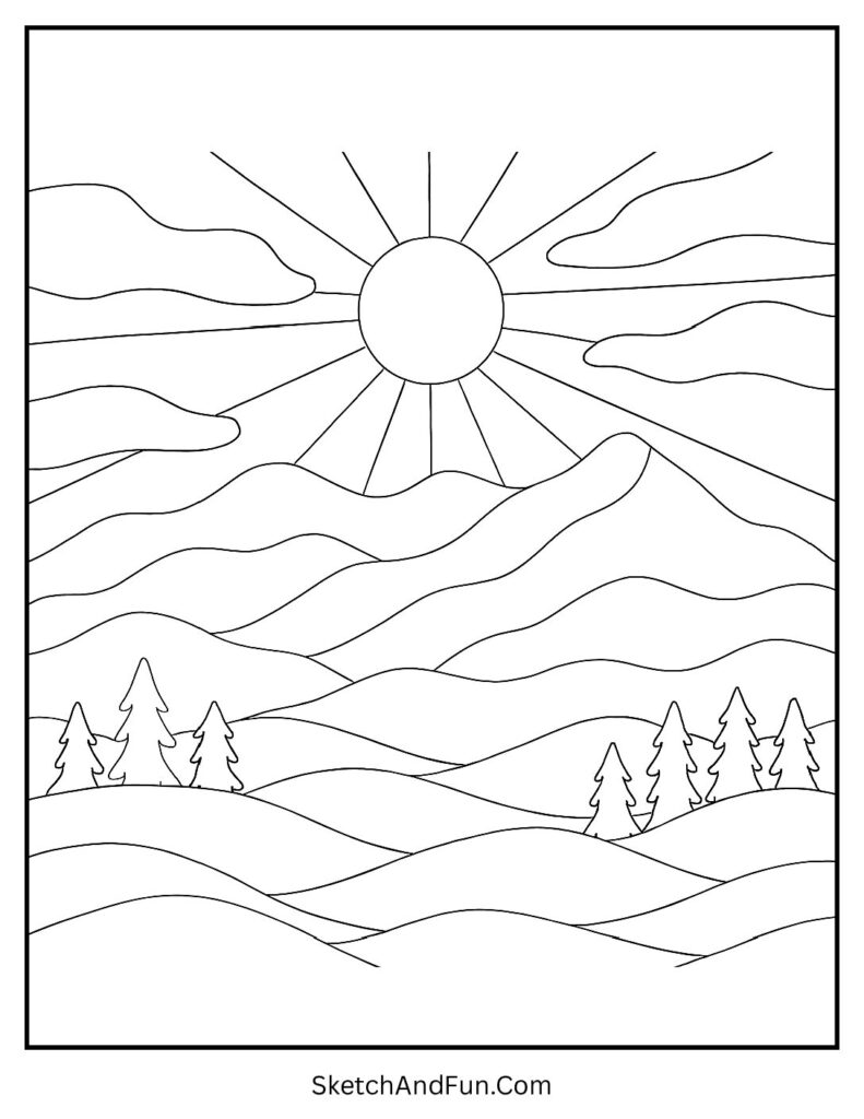 Peaceful pastel mountain scene for aesthetic coloring pages line art.