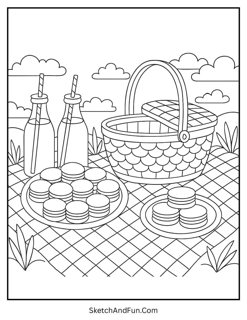 Sweet picnic with macarons and lemonade for pastel aesthetic coloring pages.
