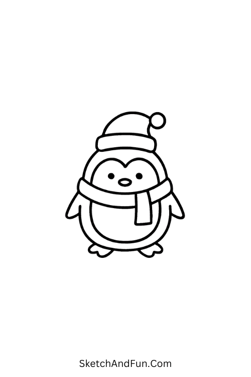 Christmas character drawing showing a cute penguin in a scarf and hat.