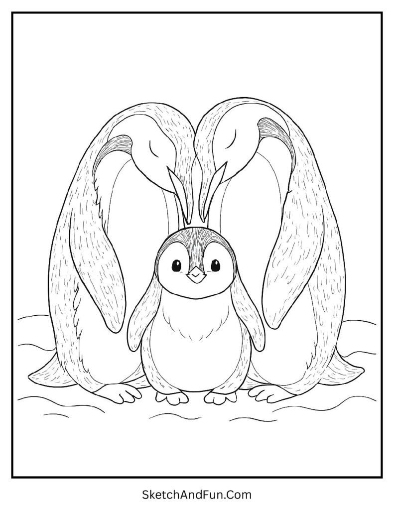 Penguin family hug in cozy coloring pages pdf free download