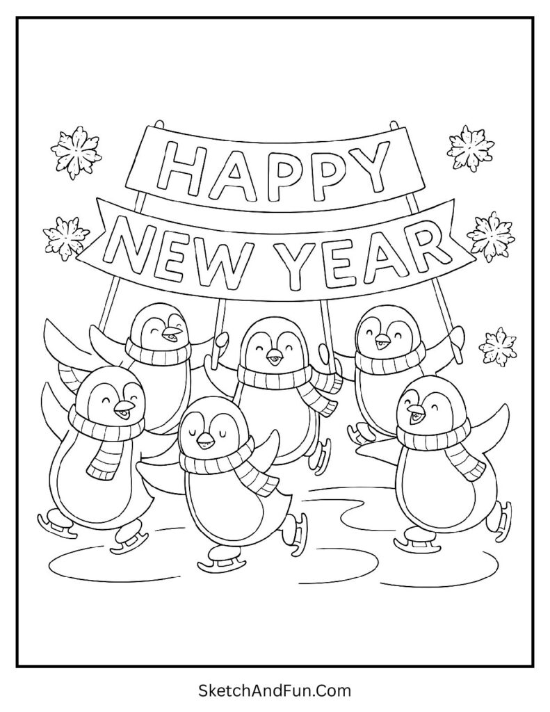 Penguins skating party – new year colouring pages