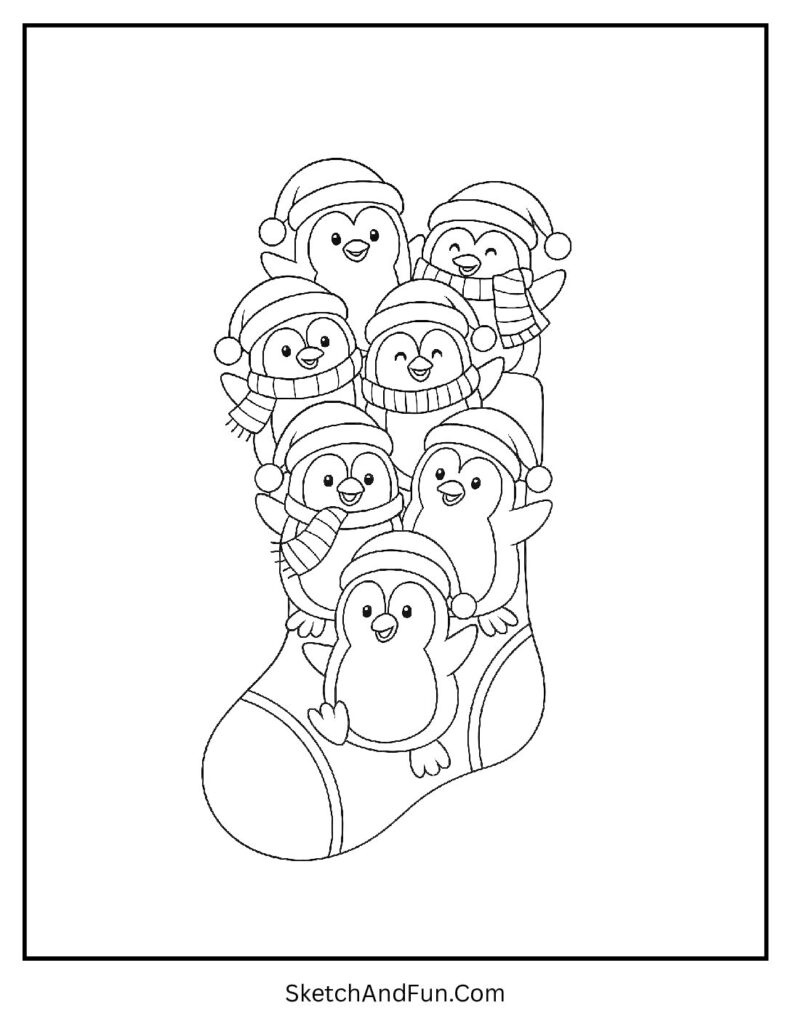 Penguin Party Stocking – Christmas stocking coloring sheets free with penguins wearing scarves.