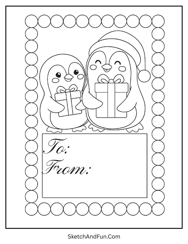 Christmas gift tag colour-in tags printable with playful penguins.