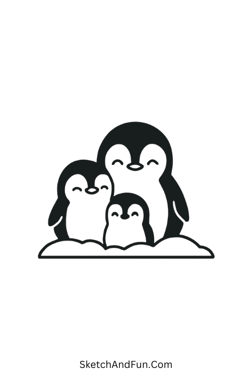 Christmas drawing ideas for kids showing a cuddly penguin family.