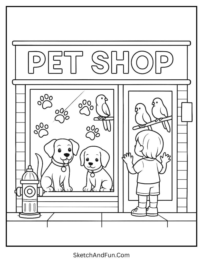 Pet shop with puppies and parrots for cute storefront coloring pages.