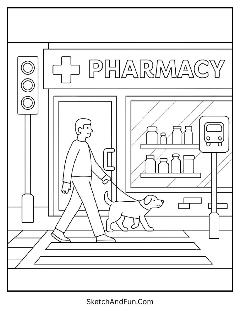 Pharmacy storefront coloring page beside crosswalk and city street
