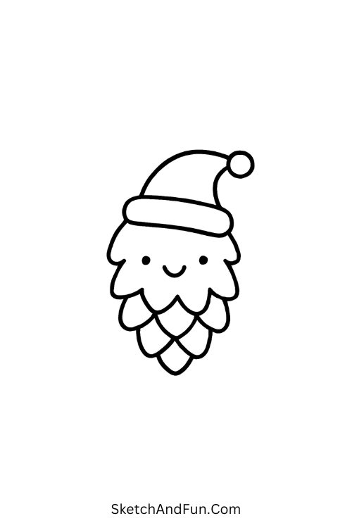 Smiling pinecone wearing hat, fun and festive for Christmas cartoon art.