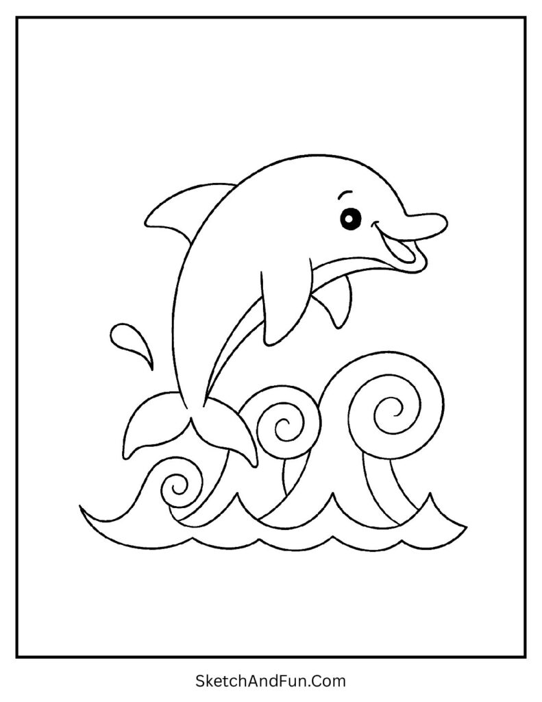 Dolphin jumping over waves in kawaii coloring pages for entertainment.