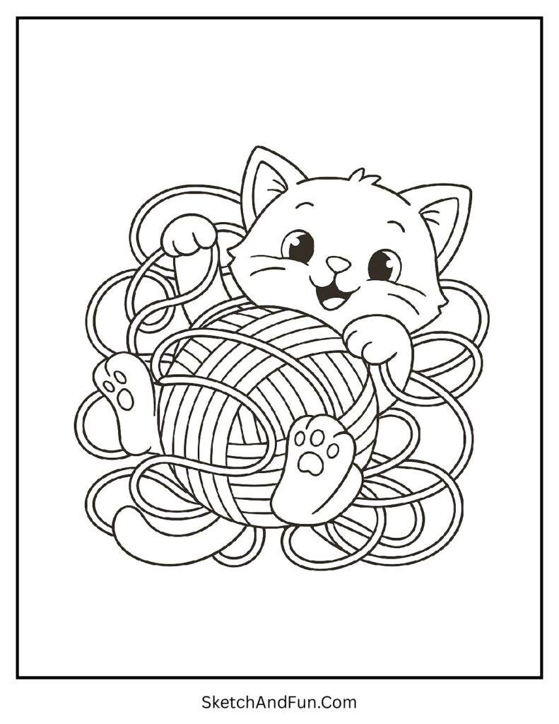 Playful kitten tangled in yarn in kawaii coloring pages cat with lively details.