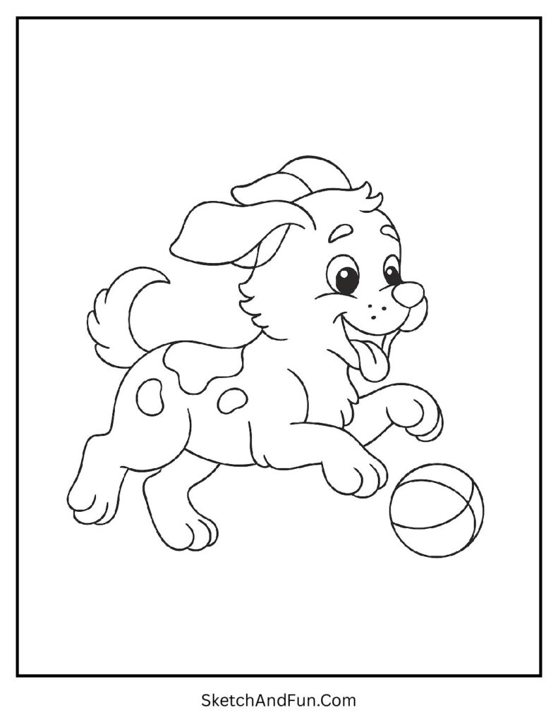 Puppy chasing a ball in kawaii coloring pages dog bringing energy.