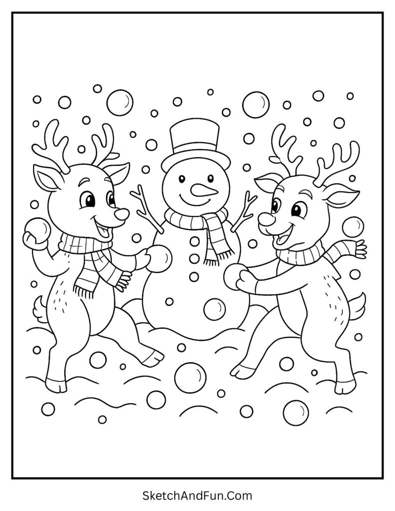 Reindeer throwing snowballs in snow fight – reindeer coloring pages simple