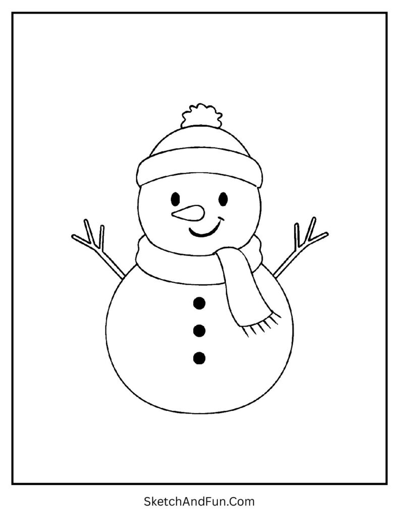 Snowman with scarf and joyful smile in kawaii coloring pages for mindfulness.