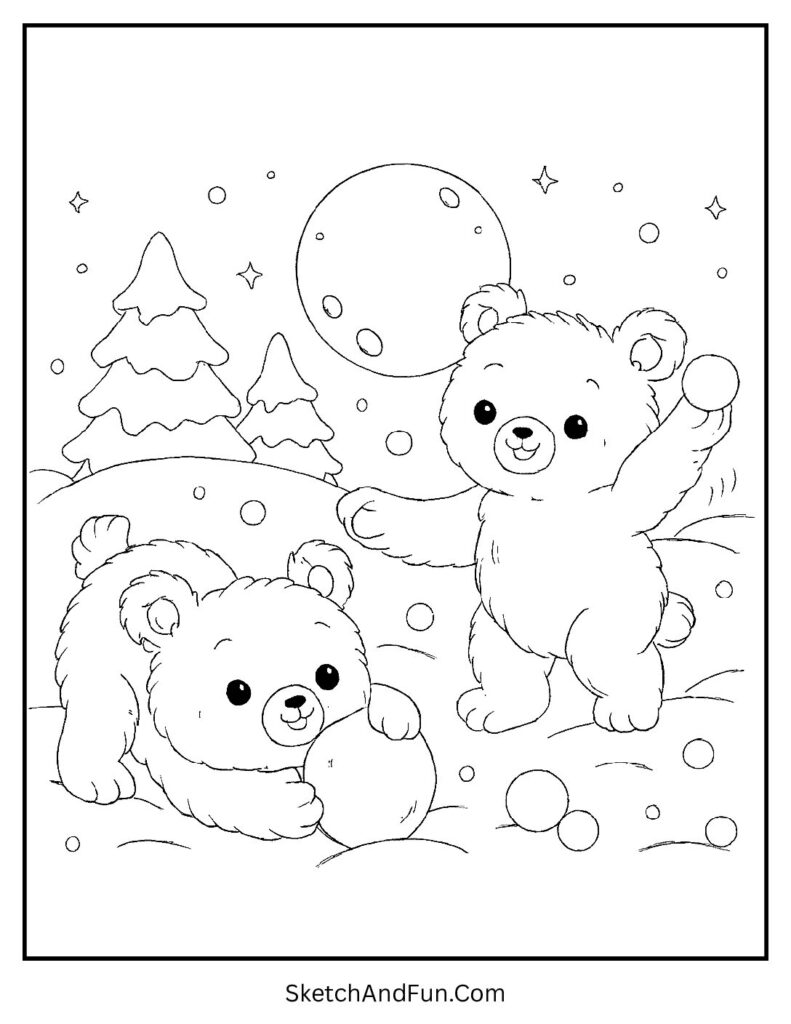 Polar bear cubs playing in snow for arctic animals coloring pages.
