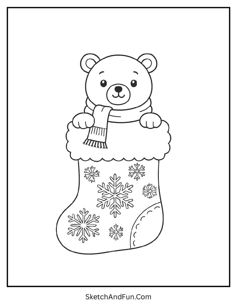 Polar Bear Stocking – detailed Christmas stocking coloring pages with a polar bear in a scarf.