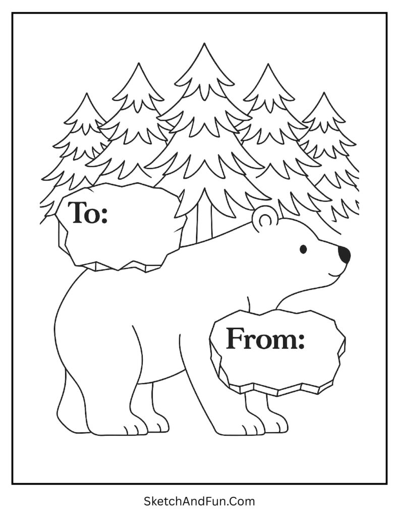 Christmas present tag coloring page printable with polar bear design.