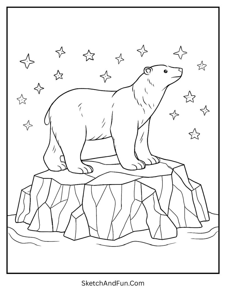 Polar bear on iceberg under stars for challenging winter coloring pages.