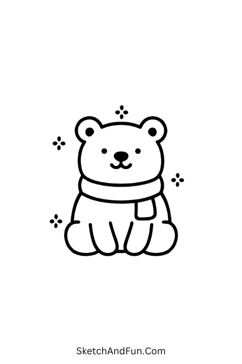 Winter holiday drawing ideas featuring a cute polar bear in a red scarf.