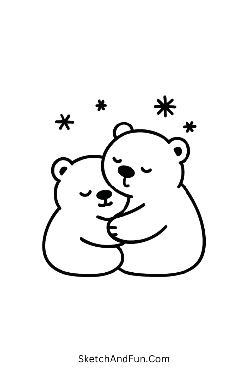 Polar bears drawing – Two fluffy bears hugging under snow, adorable idea for Christmas art for kids.