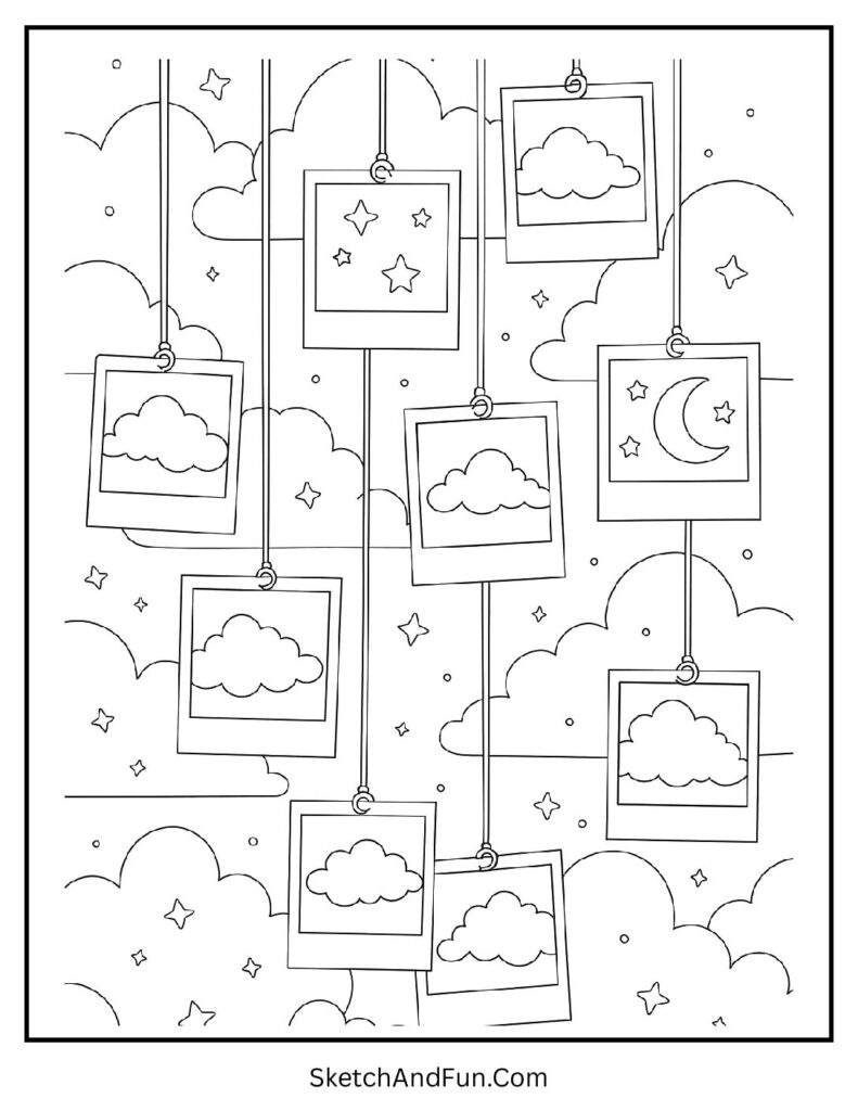 Polaroid collage of stars and clouds for aesthetic coloring pages pinterest.