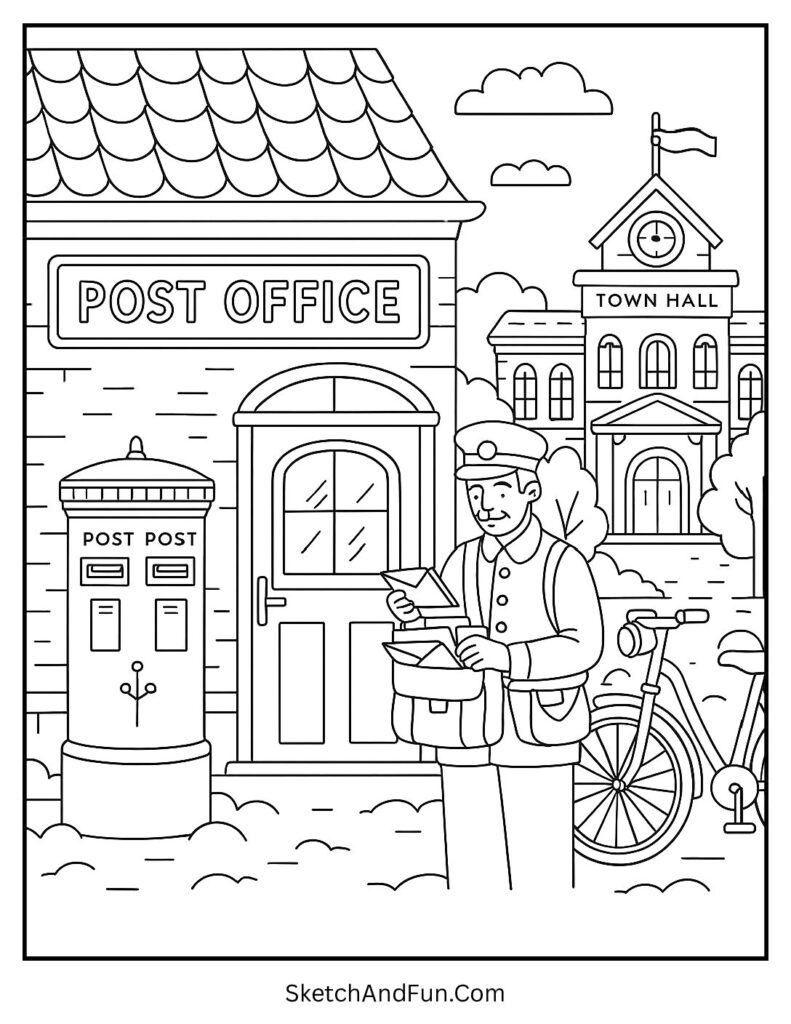 Post office storefront coloring page with red mailboxes and bicycle