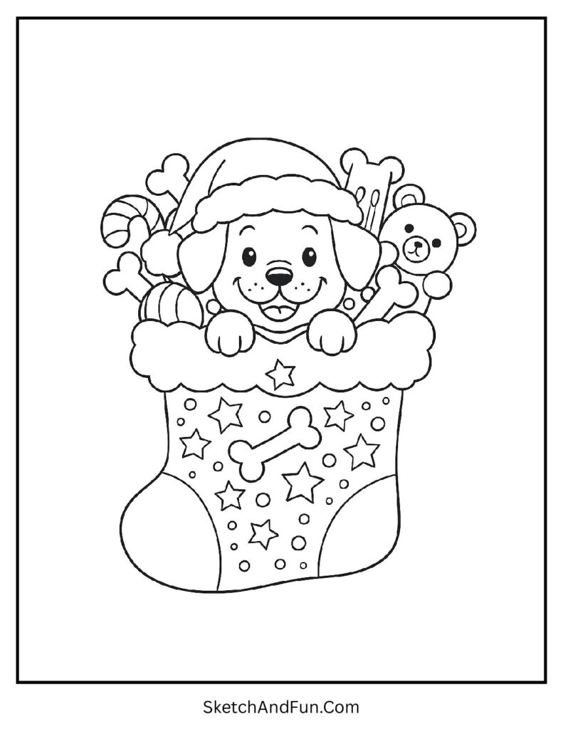 Puppy Stocking – blank Christmas stocking coloring page with puppy wearing Santa hat.