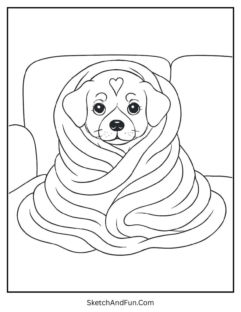 Puppy wrapped in blanket from cozy coloring pages bundle printable
