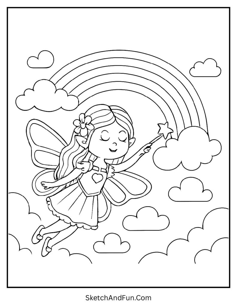 Happy fairy painting a rainbow in the clouds for fairy coloring sheets free download.