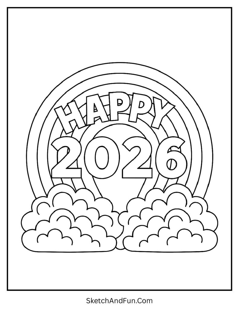 Rainbow with happy 2026 – free new year coloring sheet easy kids