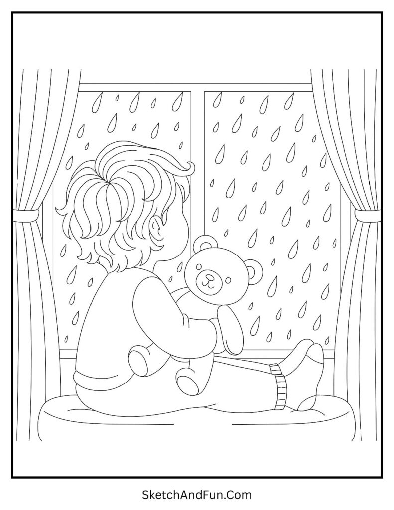 Rainy day window scene in cozy coloring pages mindful coloring