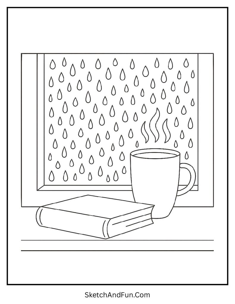 Rainy window with tea and book for aesthetic coloring sheet free.