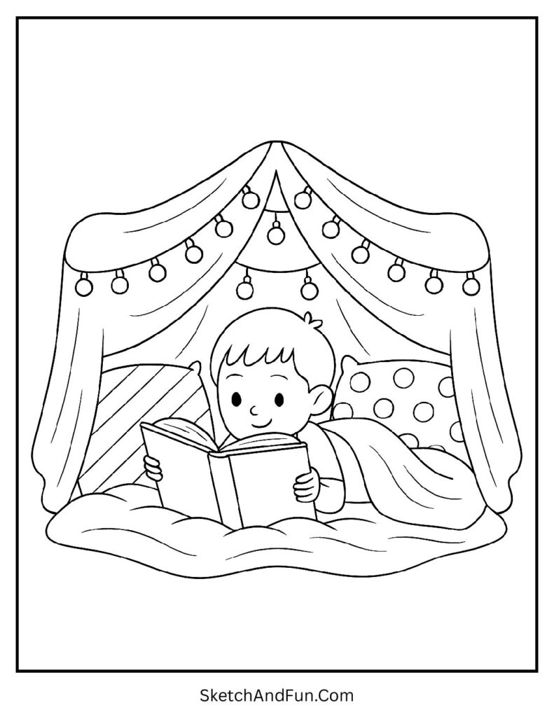 Blanket fort reading scene from cozy coloring pages for kids