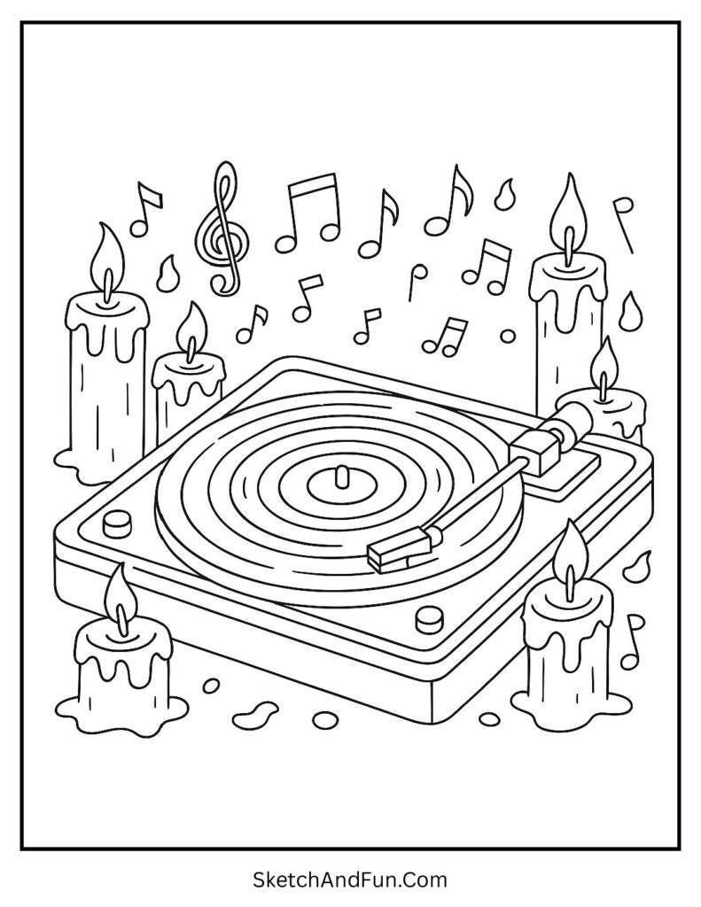 Vinyl player beside candles for aesthetic stress relief coloring pages.