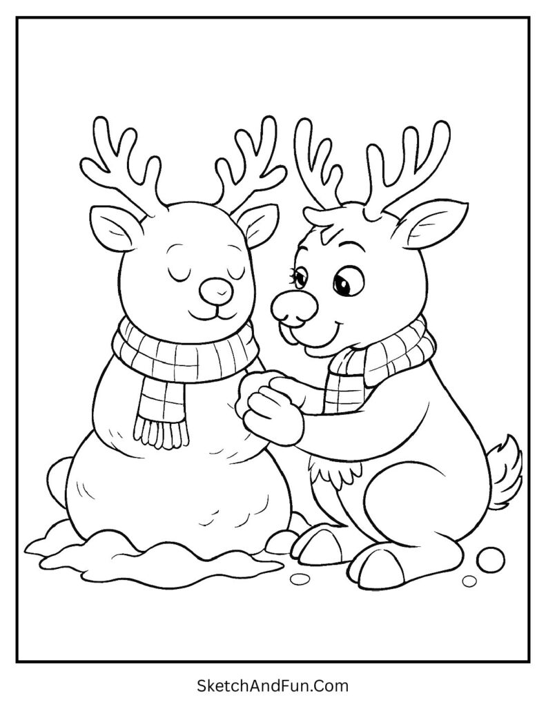 Reindeer building snow sculpture of itself – reindeer coloring pages medium difficulty