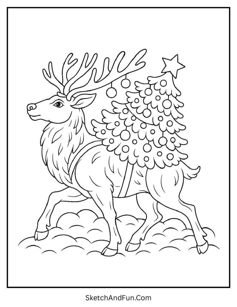Reindeer carrying Christmas tree on its back – reindeer coloring pages for kids