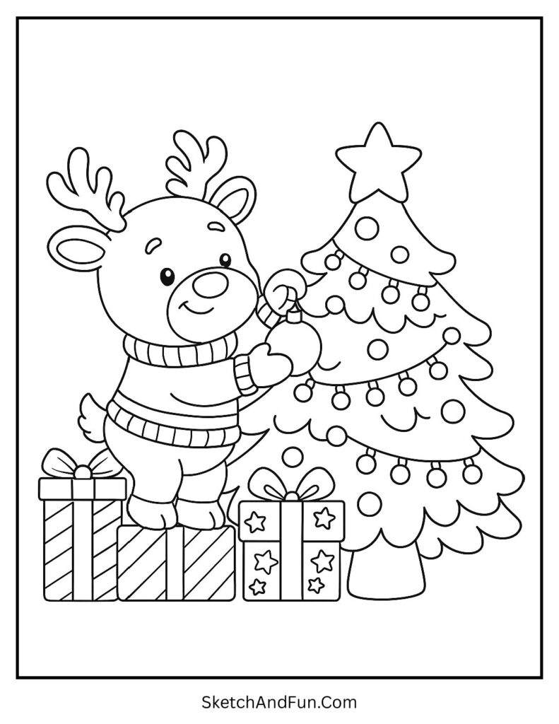 Reindeer decorating a bright tree with ornaments – reindeer and christmas tree coloring pages