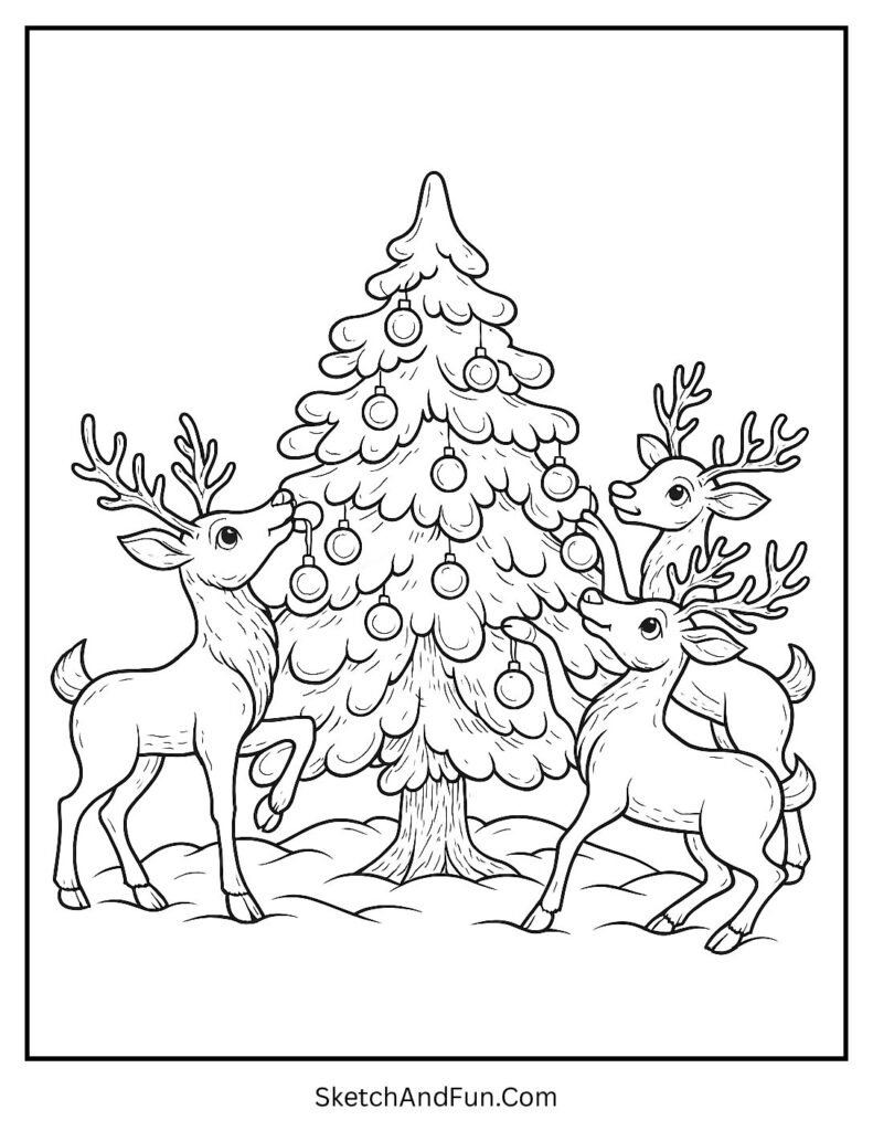 Reindeer decorating with ornaments for christmas tree coloring pages for adults.