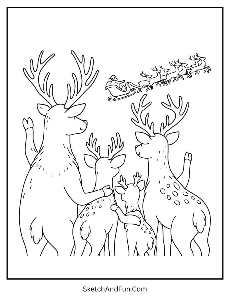 Reindeer family waving as Santa flies away – deer coloring page