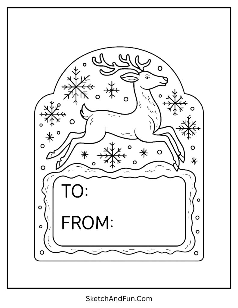 Kids Christmas gift tag coloring printable featuring a flying reindeer.